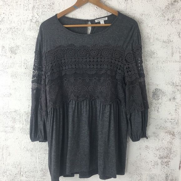 CHARCOAL CROCHET BLOUSEN SLEEVE TOP - Picture 1 of 6